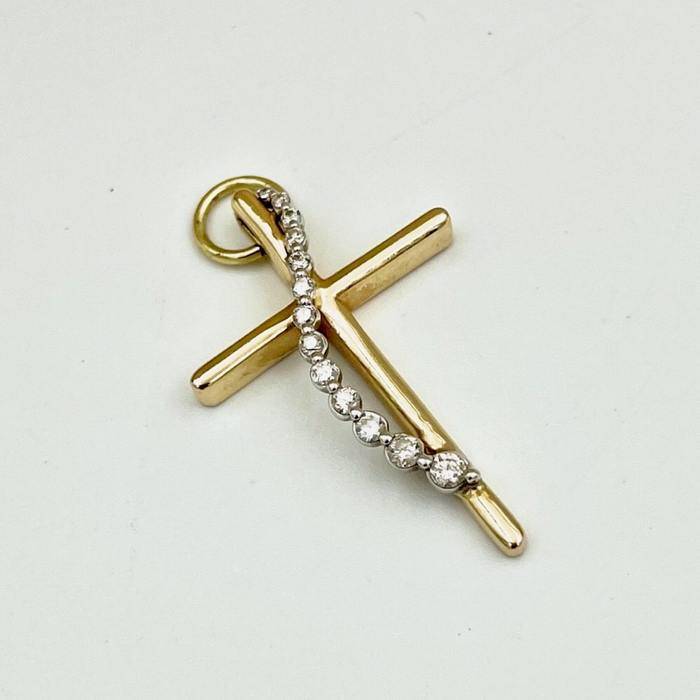 14K Gold Modern Cross w Diamonds .25ctw Pendant